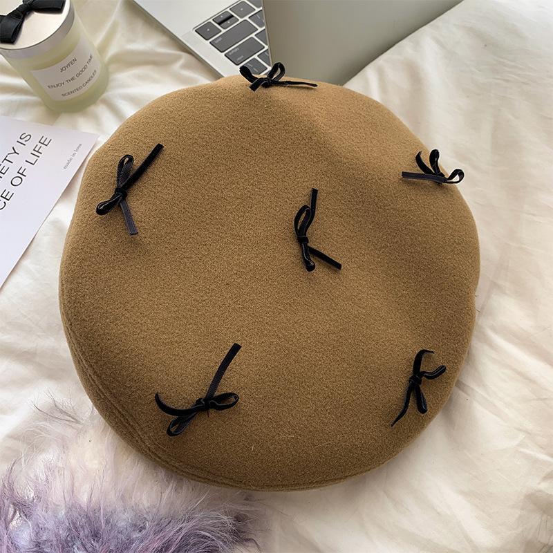 Red Bow Beret Female Autumn And Winter Retro Versatile Temperament Painter Hat Showing Face Small Octagonal Hat