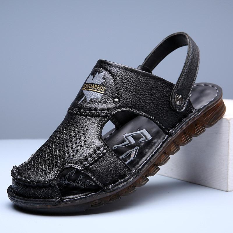 2025 Summer Shoes Mens Genuine Leather Sandals Fashion Brand Male Footwear Flat Non-slip Cow Leather Summer Holiday Shoes