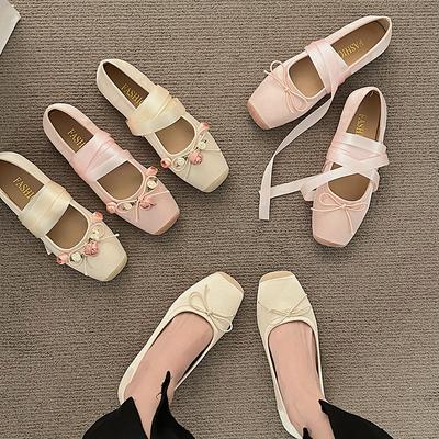 Luxury Lace Tie Leg Satin Silk Ballet Flats Woman Square Toe Bowknot Elastic Band Ballerinas Ladies Wedding Floral Shoes Loafers