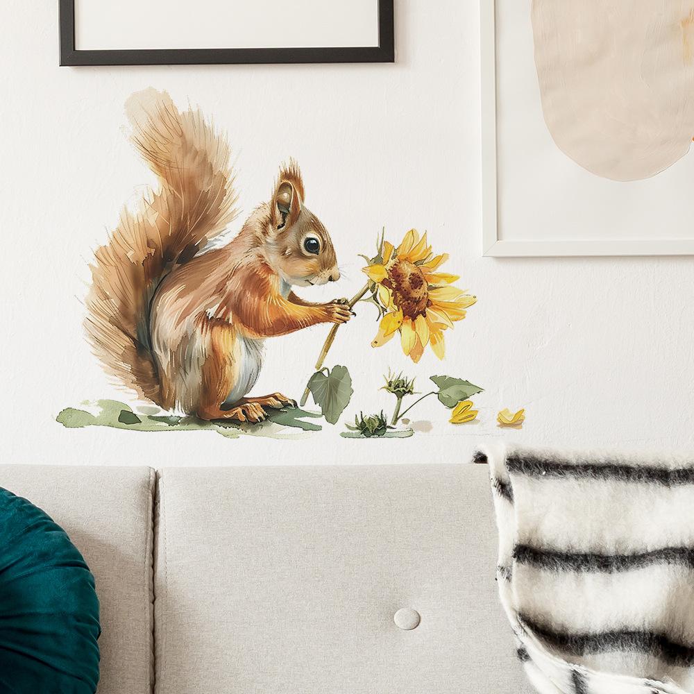 Cartoon Painted Squirrel Sunflower Bedroom Living Room Background Decorative Wall Stickers