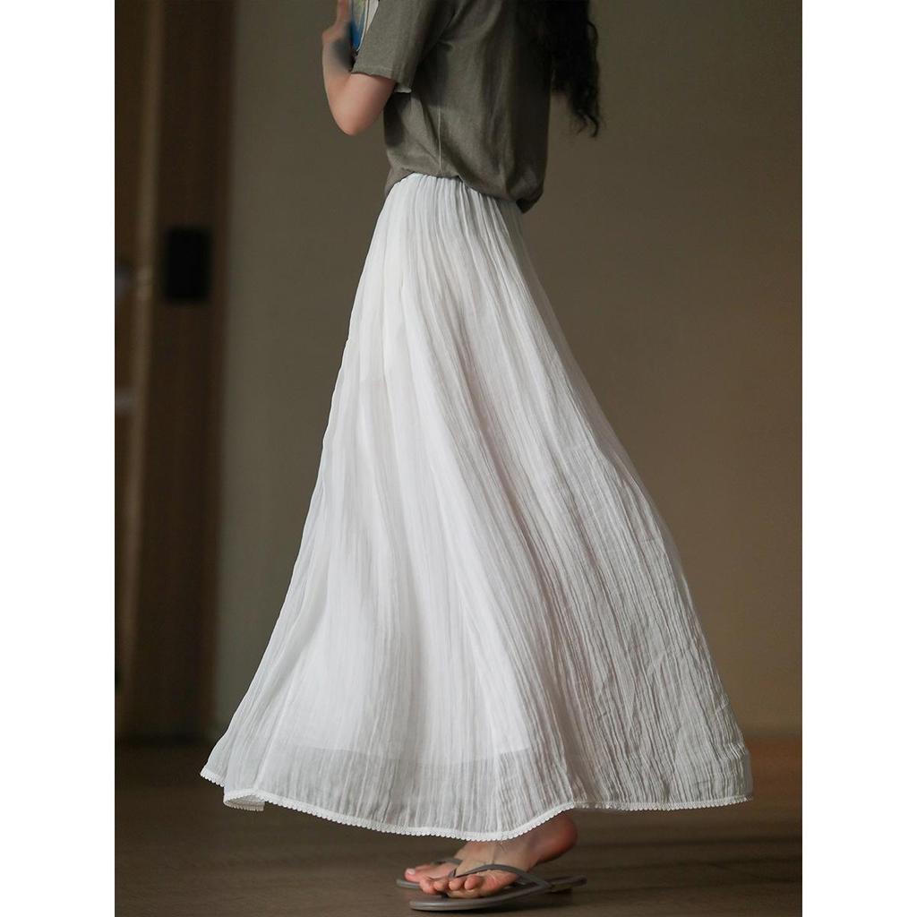 Lightweight Retro Linen Flowy Long Skirt with Elastic Waist