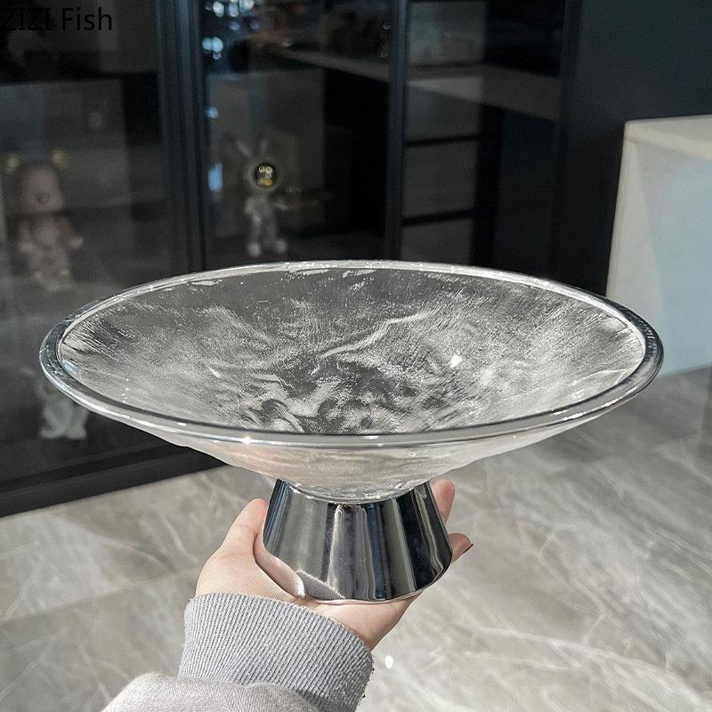 Light Luxury Glass Fruit Plate Living Room Nut Dessert Candy Snack Plate Home Kitchen Tableware Creative High Foot Fruit Plate