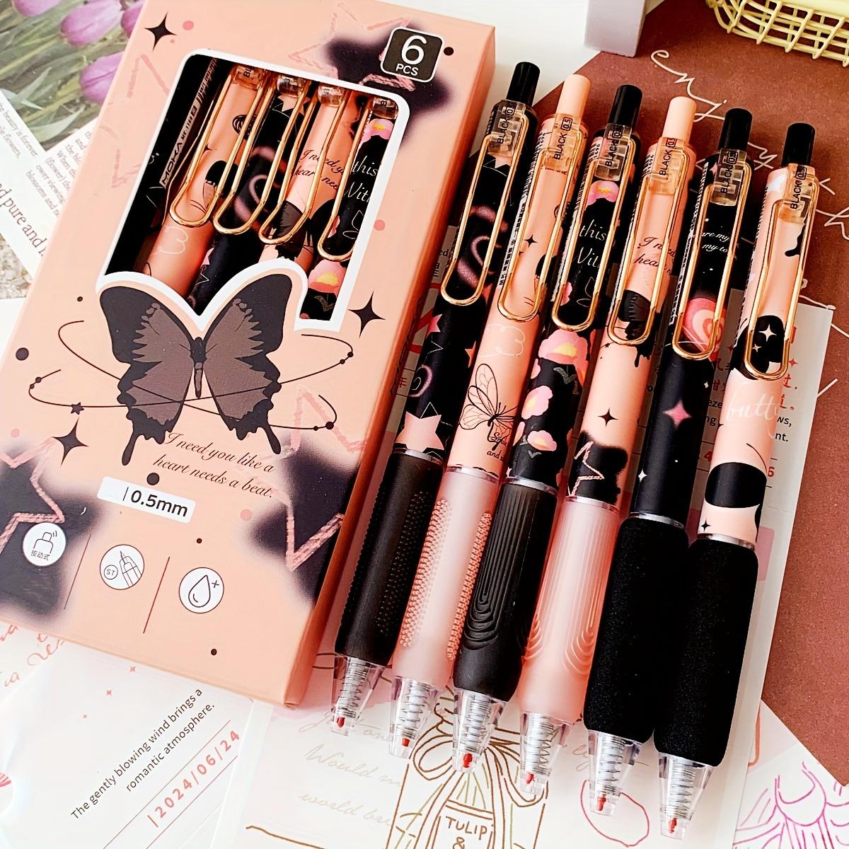 

A Set of 6 Boxed Black Frosted Butterfly Pens with Stylish Metal Barrels, Perfect As A New Year Gift, Featuring 0.5Mm Black Retractable Ink