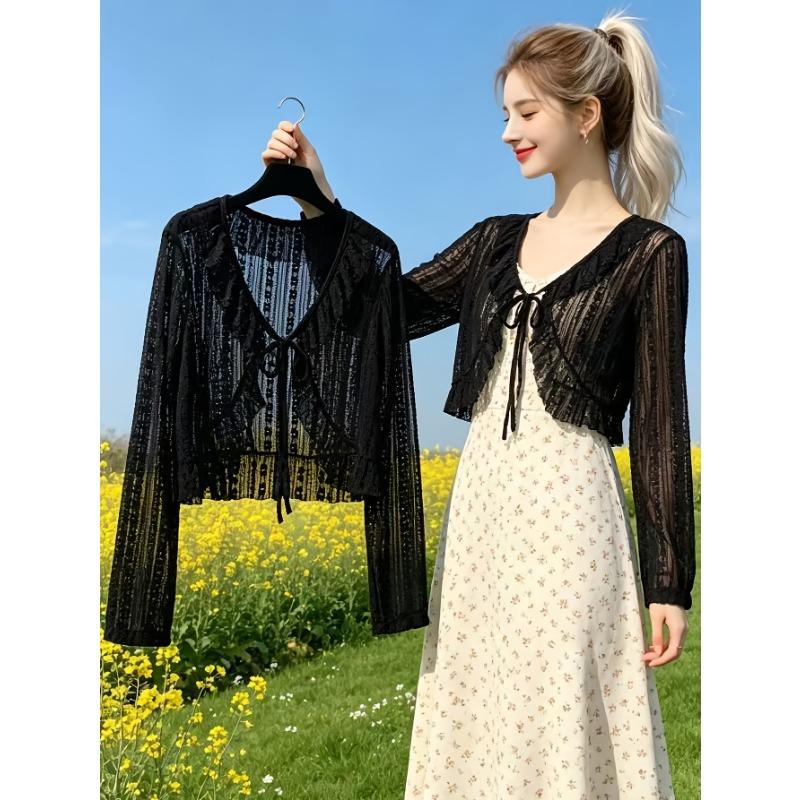 Women's Cardigan Jacket, Summer Lightweight Breathable Lace Tie Shawl, Fashionable Versatile Short Cardigan Jacket, Outerwear for Slip Dresses