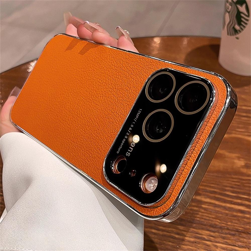 

Original Litchi Leather Texture Phone Case For iPhone 17 16 15 14 13 Pro Max Shockproof Bumper Large Window Plating PU Cover iPhone 16