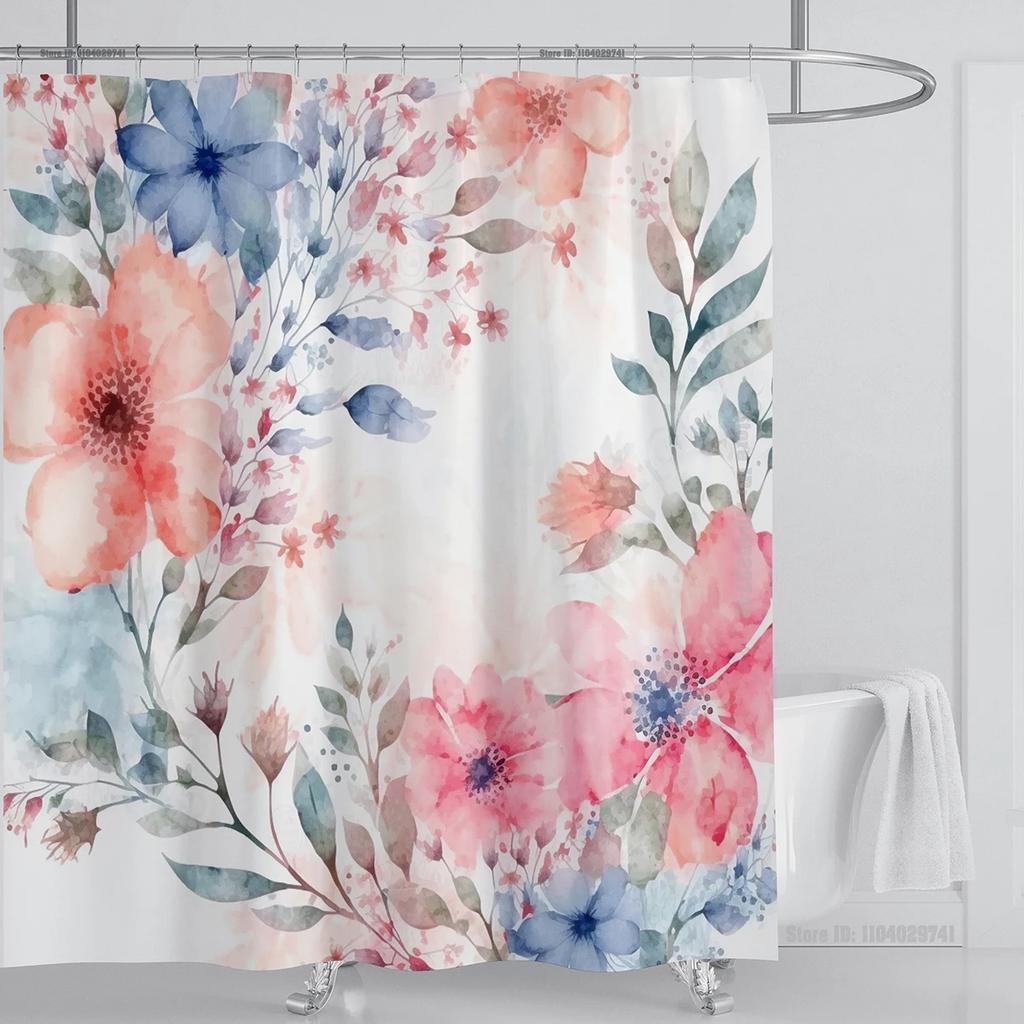 Watercolor Leaves On The Top Plant With Floral Bathroom Greenery Leaf Decoration Watercolor Botanical Shower Curtain With Hooks