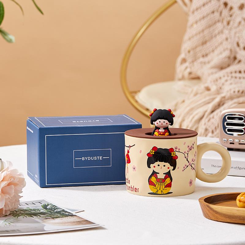 Hand-Squeezed Texture Mug, Couple Pair Cup, Chinese Style Ceramic Cup With Lid, Creative Household Water Cup, Gift Accompaniment 301-400ml