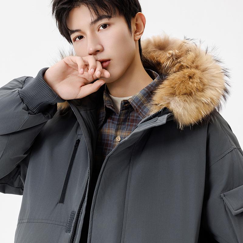 Men's and Women's Thickened Winter Down Jacket with Fur Collar, 90% White Duck Down Hooded Parka.