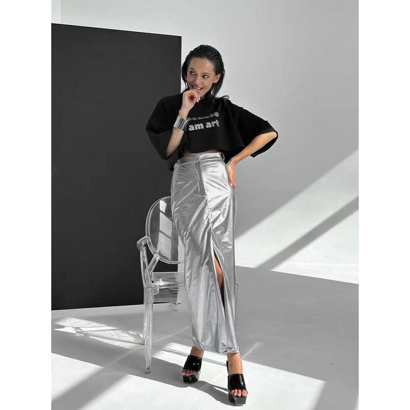 

Мода Ветер Новое поступление Модное покрытие Светоотражающая серебристая юбка прямого кроя С завышенной талией Юбка с разрезом Silver L