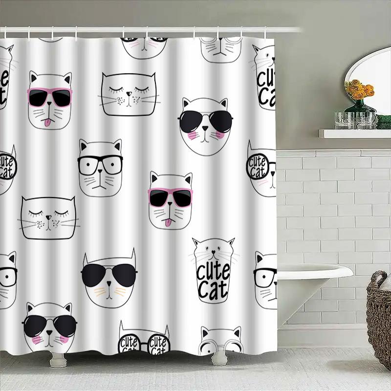 Cute Cat Print Shower Curtain Black White Cartoon Bathroom Decor for Kids Room Water Resistant Fabric, Washable Bath Liner In 24