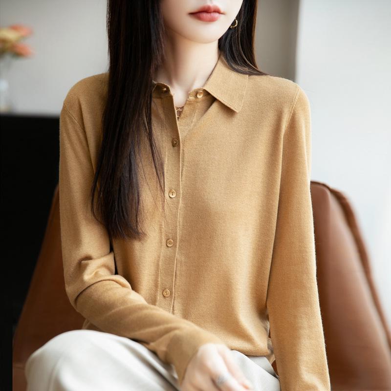 Damen Strickjacke für den Frühherbst: Polo-Kragen Langarm Pullover-Top