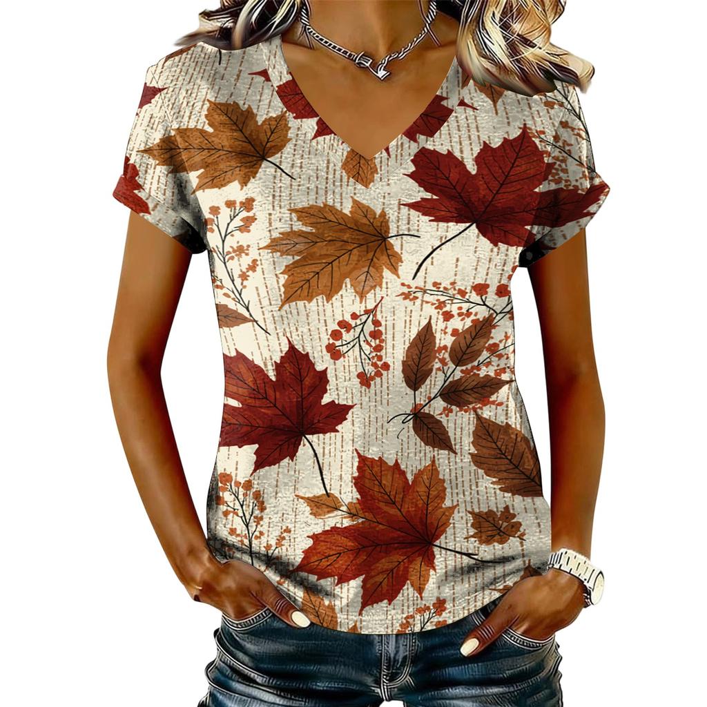 Women's Casual V-Neck Short Sleeve Top with Maple Leaf Print