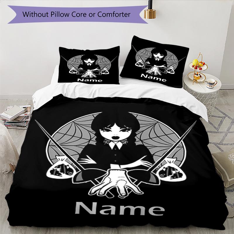 3pcs Custom Name Wednesday Bedding Set Duvet Cover Closure Includes 1 Duvet Cover & 2 Pillowcases, Soft and Comfortable for All Seasons.