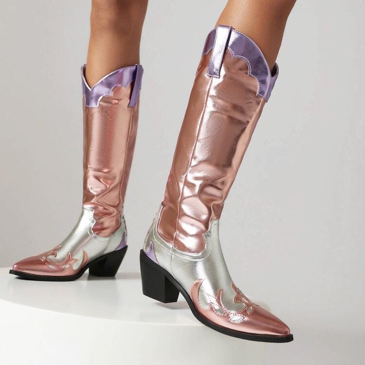 

Plus Size 46 Straight-leg Long Boots Pointed Toe Square Heel High Heels Knight Boots Mixed Colors Retro British Style Women Shoe 39 срібний