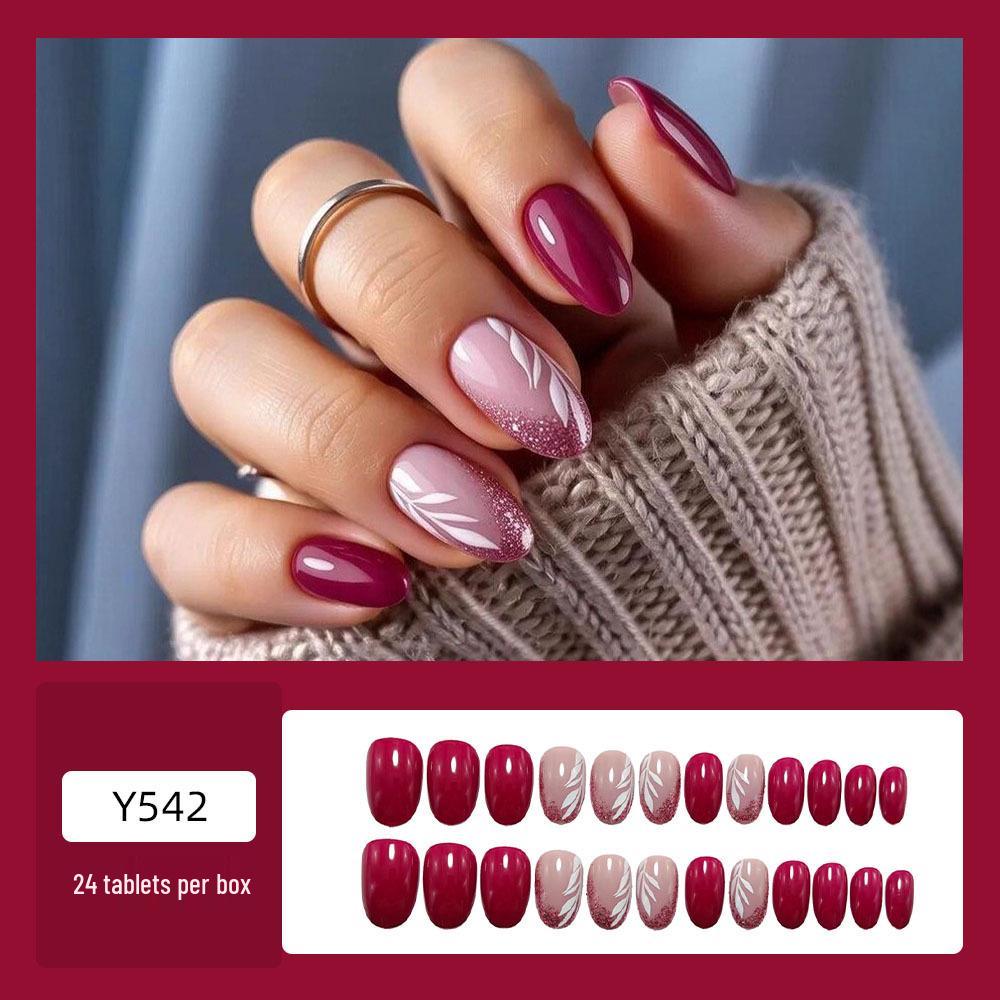 

Rose Red Gradient Feather Nail Tips with Glitter Leaf Pattern – European & American Style Hot-Selling Wearable Nail Art