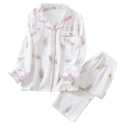 Hilltop Cloud Pajamas Cotton 100 Double Gauze Womens Loungewear Long Sleeve Set Front Opening Moisture Absorbing Breathable Skin Friendly Room Wear