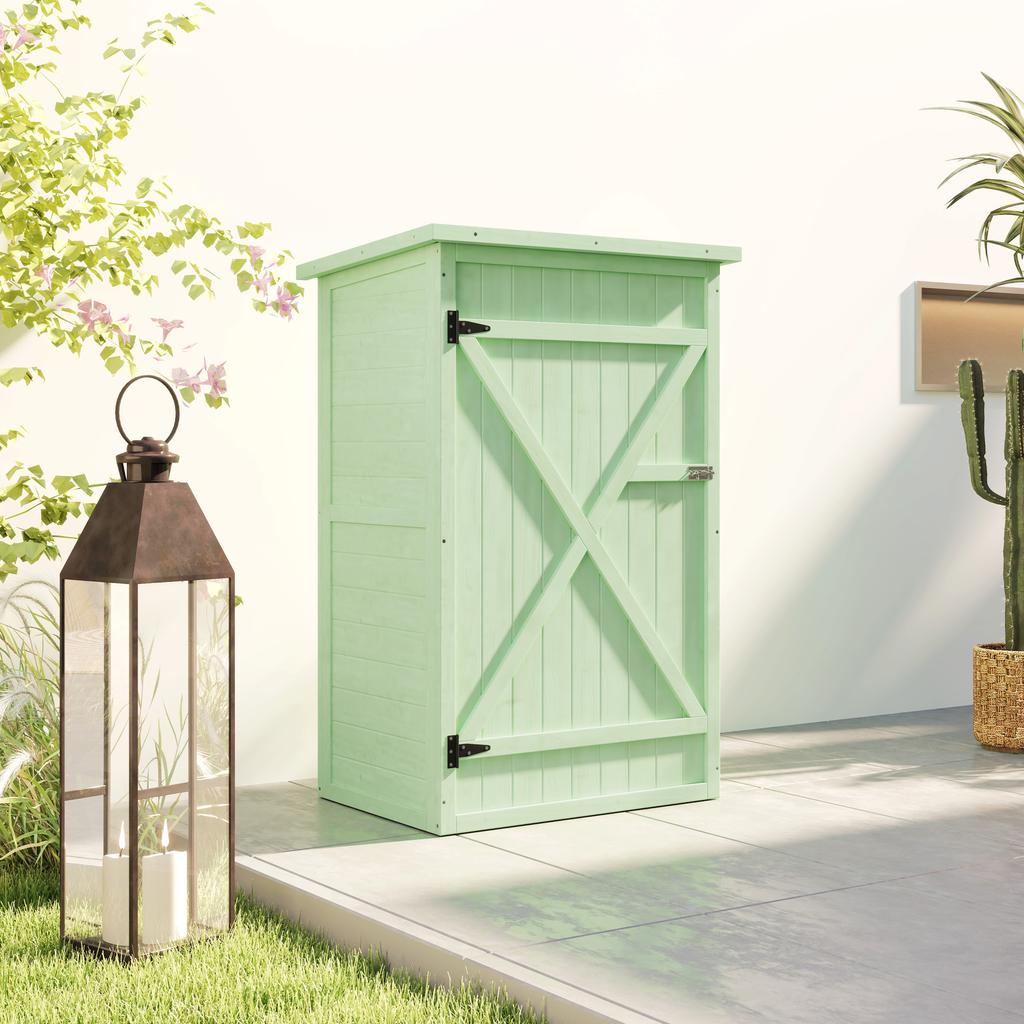 Pequeno Galpão de Madeira, Galpão de Armazenamento para Jardim com Prateleiras e Trinco de Parafuso, 75C x 56L x 115A cm, Verde
