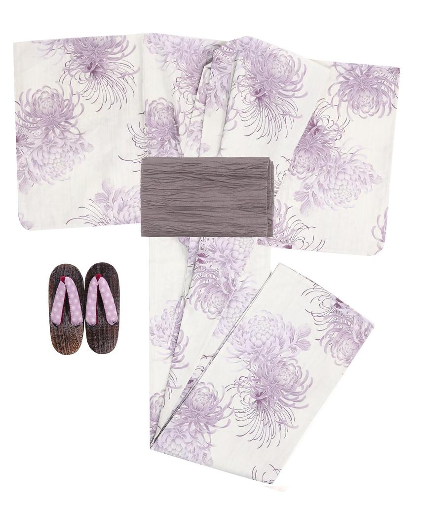 Yukata Set for Change 3 Piece Set Heiko Junior Girls H Purple Chrysanthemum [KYOETSU] Girls, Ecru, Weave, (Yukata, Obi, Geta) (2. Haze, 130cm)