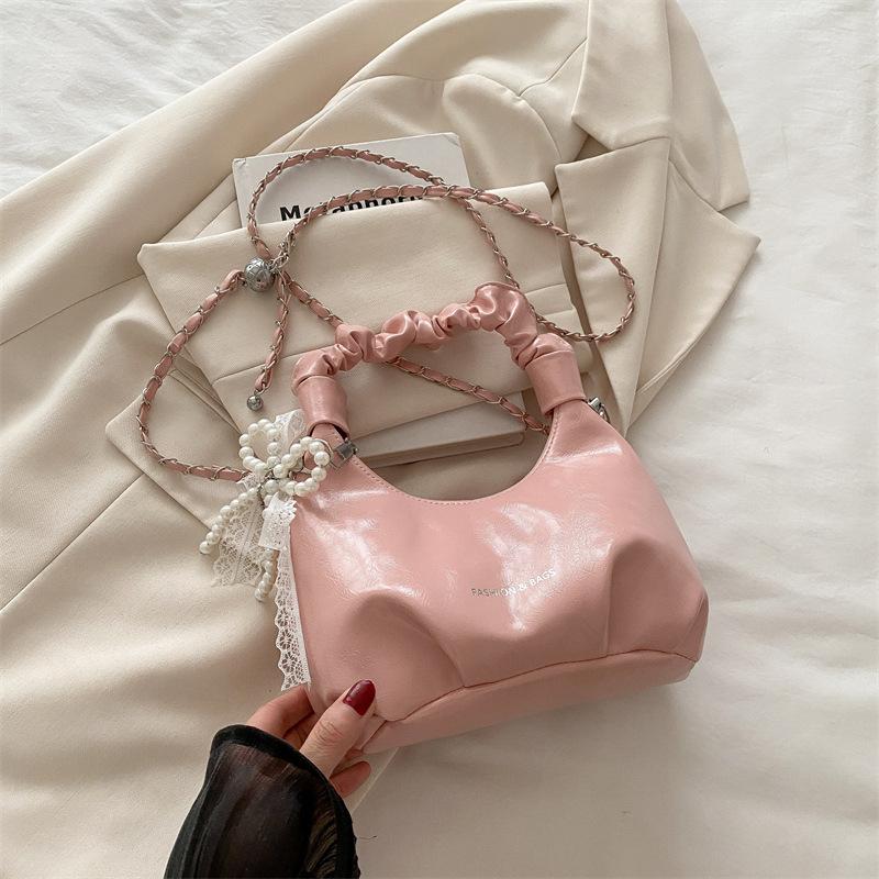 Beaded Bow Solid Color 2 New Casual Simple Design Chain Fold Work Small Carry Handbag Bag Woman