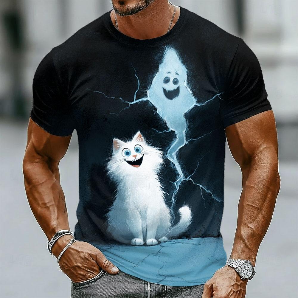 

Men s Cat 3D Funny T Shirt Short Sleeve T shirt 3D Print Crew Neck Shirt Exaggerated Designer Party Holiday Blue Black 1 Black XL
