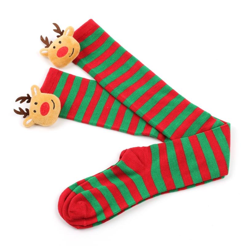 Damen Weihnachten Overknee Lange Socken Niedlich 3D Plüsch Hirsch Elch Gestreifter Druck Oberschenkelhohe Strümpfe Feiertagsparty Strumpfwaren