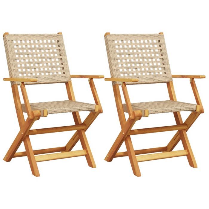 VidaXL Garden Chairs Set of 2 Beige Solid Acacia Wood and Rattan, Garden Seat, Outdoor Seat, Folding Chair, 367665