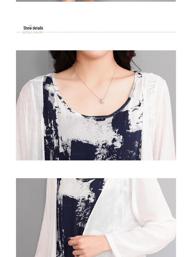 Summer Ethnic Ink Print Dress & Cardigan Set