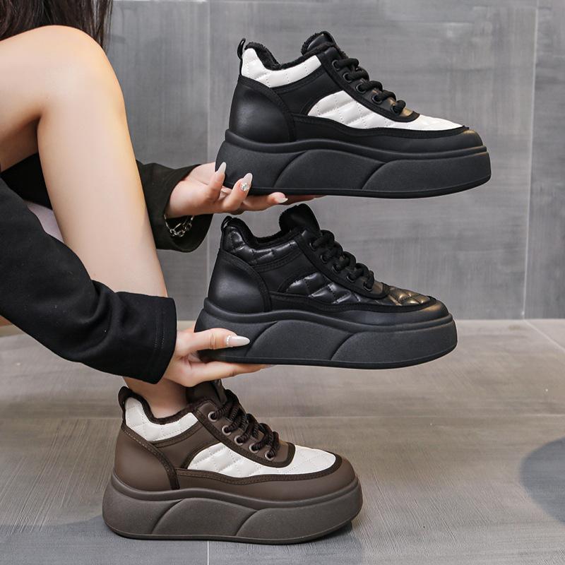 Leather Warm and Velvet High-top Shoes Women's Cotton Shoes New Winter Platform Casual Board Shoes Warm Bread Shoes