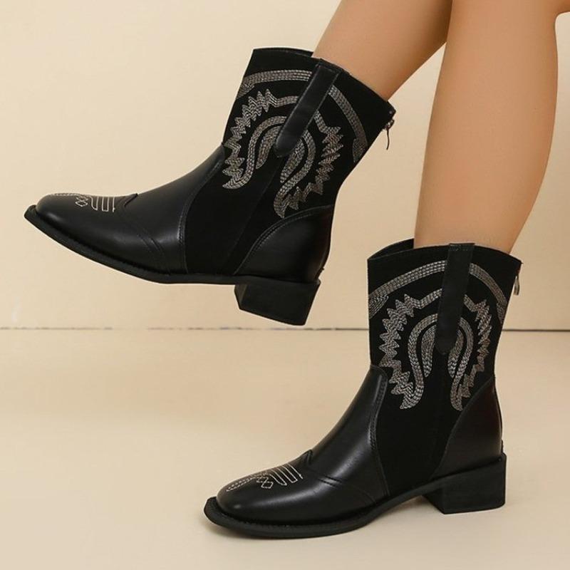 

Fashion Women s Chunky Single Boots Spring New Pointy Back Zipper Embroidery Anti-slip Wear-resistant Short Boots 35