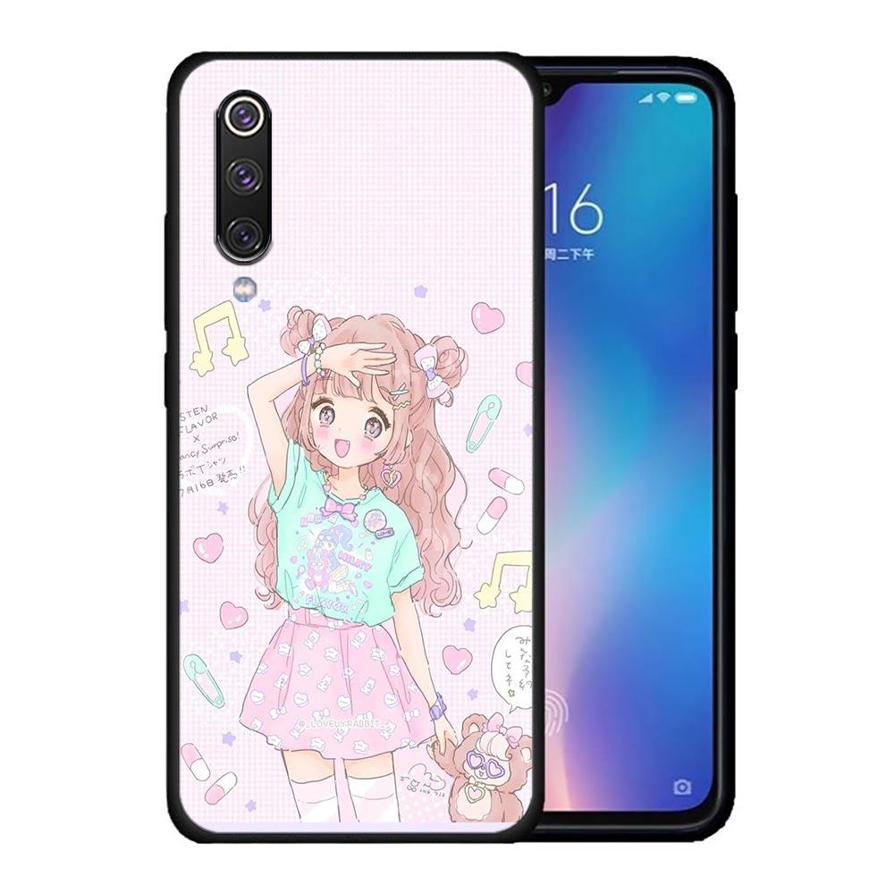Kawaii Anime Niedliches Schönes Mädchen Handyhülle für Xiaomi Mi A2 8 9 SE 9T 10 10T 10S CC9 E Note 10 Lite Pro 5G 4G Schwarze Hülle Abdeckung