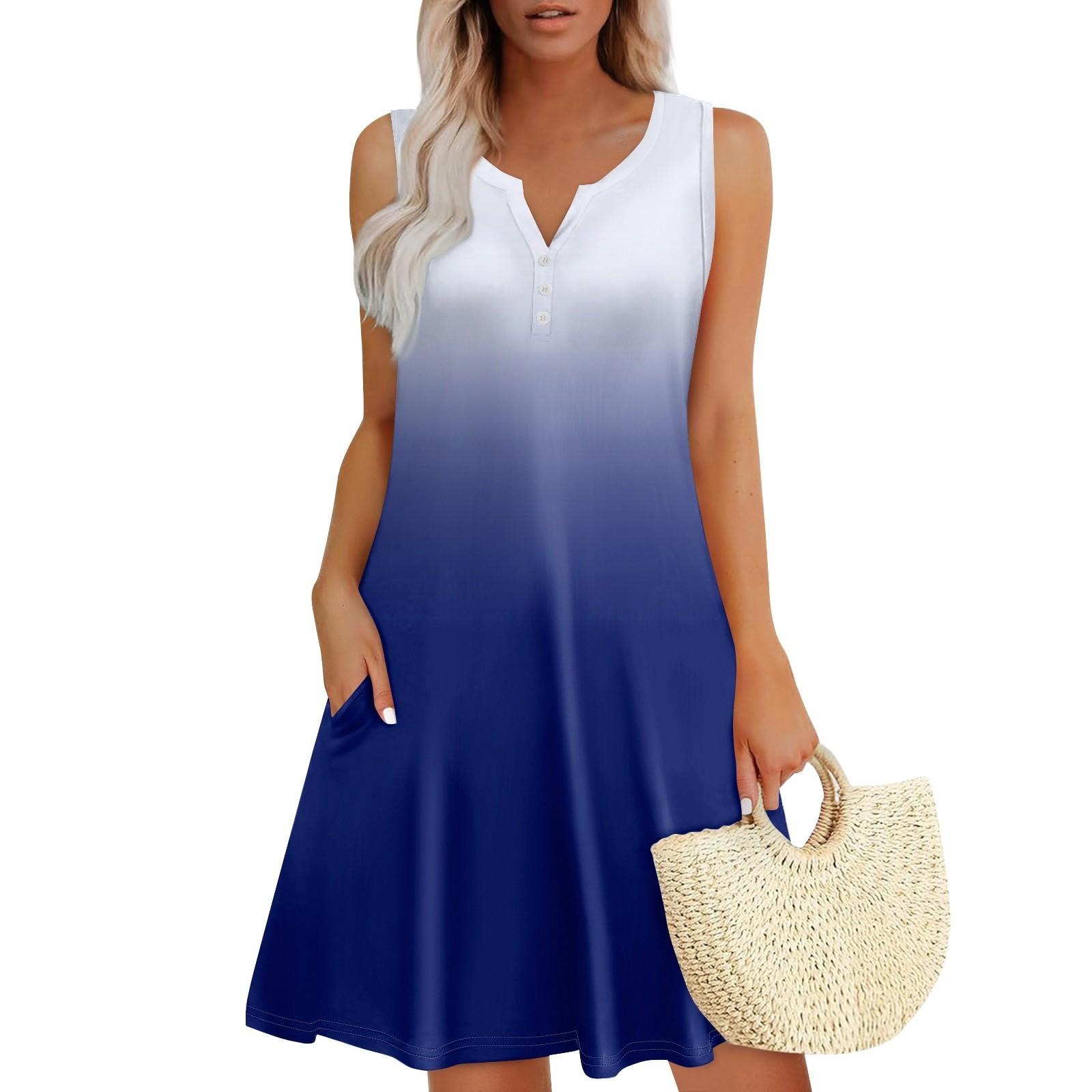 

Женские летние платья Свободные сарафаны без рукавов с V-образным вырезом Платье с карманами M