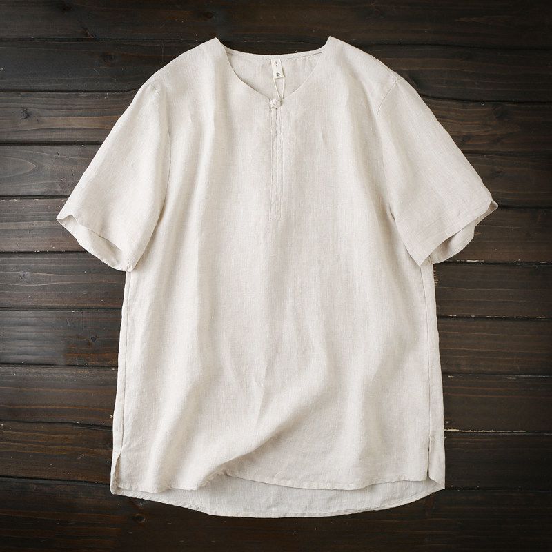 Japanese Style Order! Plaid Cold Feeling Antibacterial! Export Tail Goods Summer Men Pure Linen Breathable Short Sleeve T-shirt