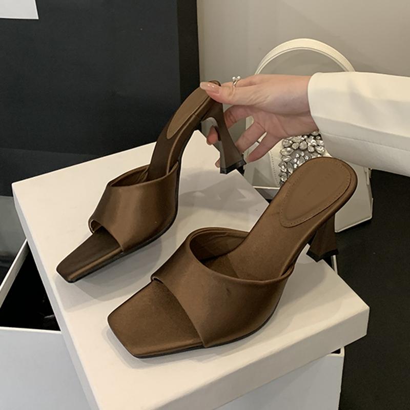 Fashion SUOJIALUN 2025 New Brand Summer Women Slipper Fashion Square Toe Slip On Slides Thin High Heel Outdoor Dress Ladies Elegant Pump