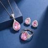 Elegant CZ Gemstone Pendant Necklace Set With Earrings Ring Women Blue Red Yellow Green Purple White Zircon Jewelry
