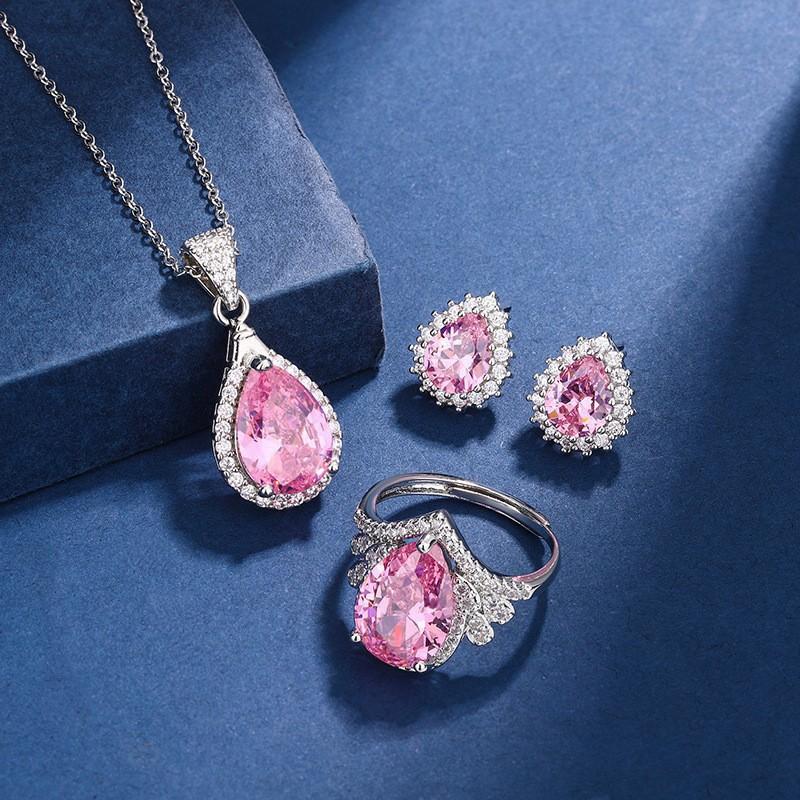 Elegant CZ Gemstone Pendant Necklace Set With Earrings Ring Women Blue Red Yellow Green Purple White Zircon Jewelry