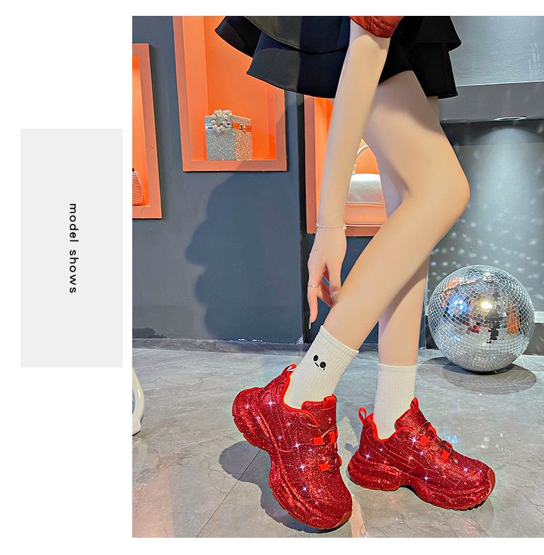 2024 Trendy European Star Rhinestone Thick-Soled Women's Dad Shoes - Large Size Sports Shoes for Autumn/Winter