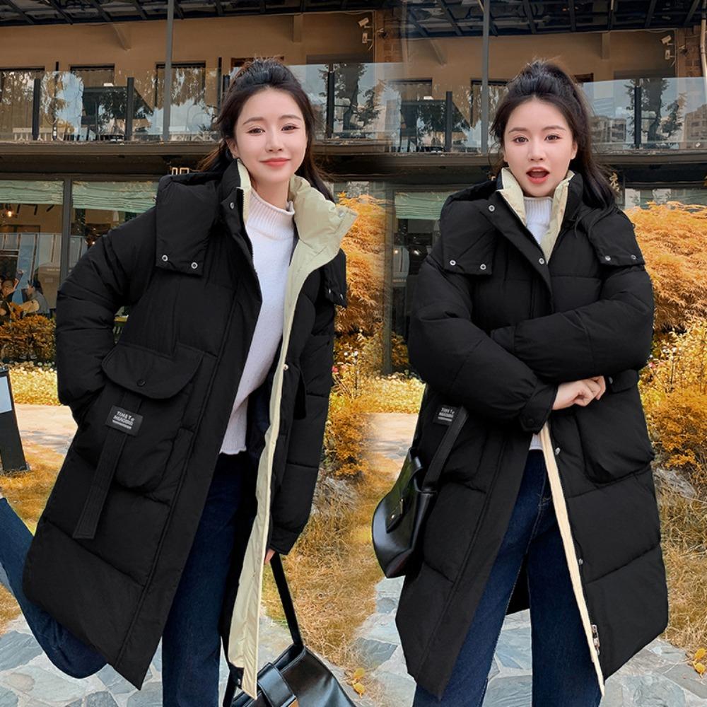 Winter new Korean version hooded medium and long contrasting colors loose thickened padded jacket jacket padded coat women