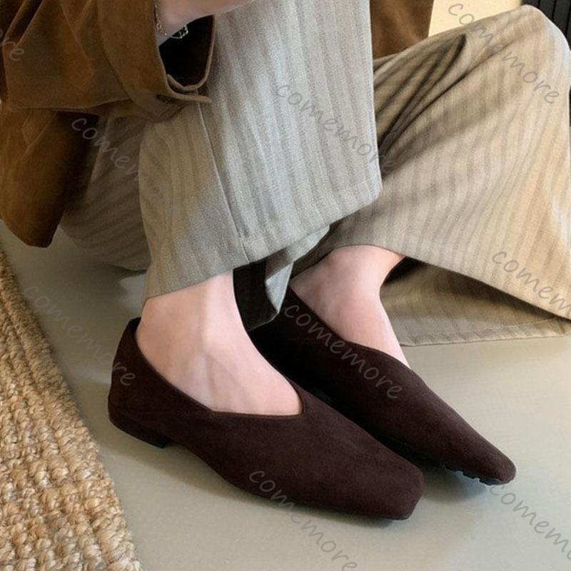 Fashion Comemore French Retro Suede Square Head Shallow Mouth Single Shoes for Women 2025 Spring Autumn New Temperament Slip On Flats