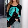 Women's Slim Fit Long Sleeve Pullover Top Halloween Print Round Neck Shirt with Thumb Hole Cuffs Stretchy Casual Tee