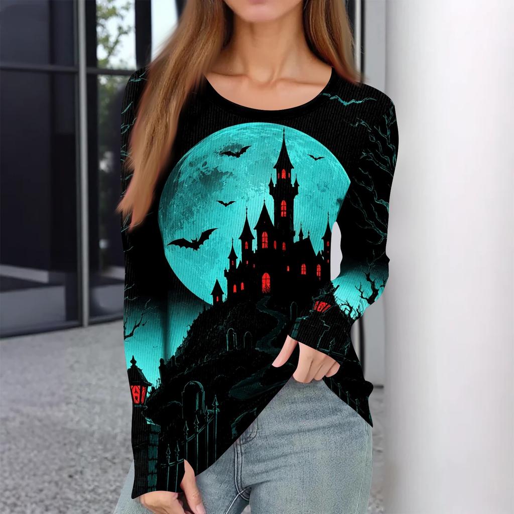 Women's Slim Fit Long Sleeve Pullover Top Halloween Print Round Neck Shirt with Thumb Hole Cuffs Stretchy Casual Tee