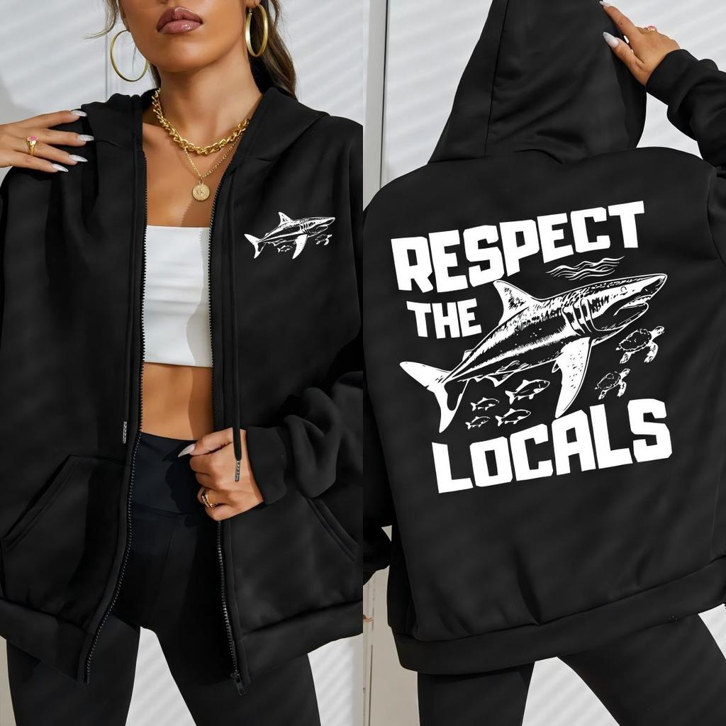 Respect The Local Ocean Shark Design Zipper Sportswears Women Fleece Hoodies Autumn Oversize Hoodie Streetwear