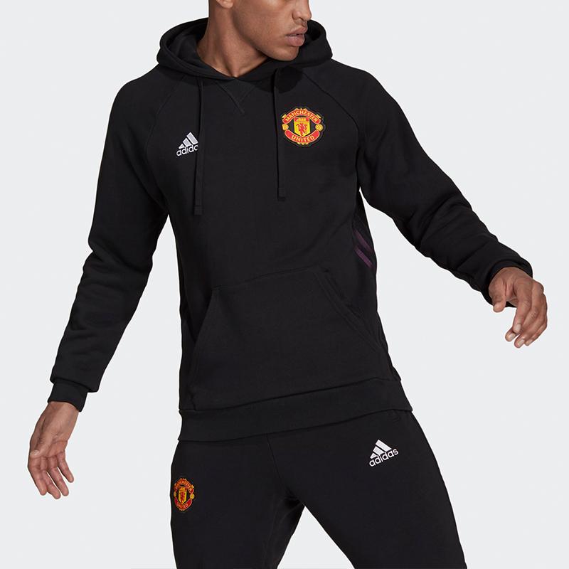 adidas Manchester United Embroidered Logo Hoodie, Men Casual Football Long Sleeve Tops Black GR3909