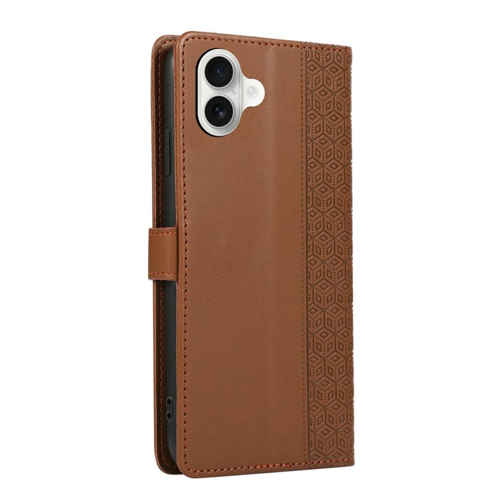 For iPhone 17 Case Splicing Imprinted Rhombus Leather Phone Cover with Wrist Strap