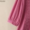 ZANZEA Women Casual Turn Down Collar 3/4 Sleeve Lace Splice Blouse