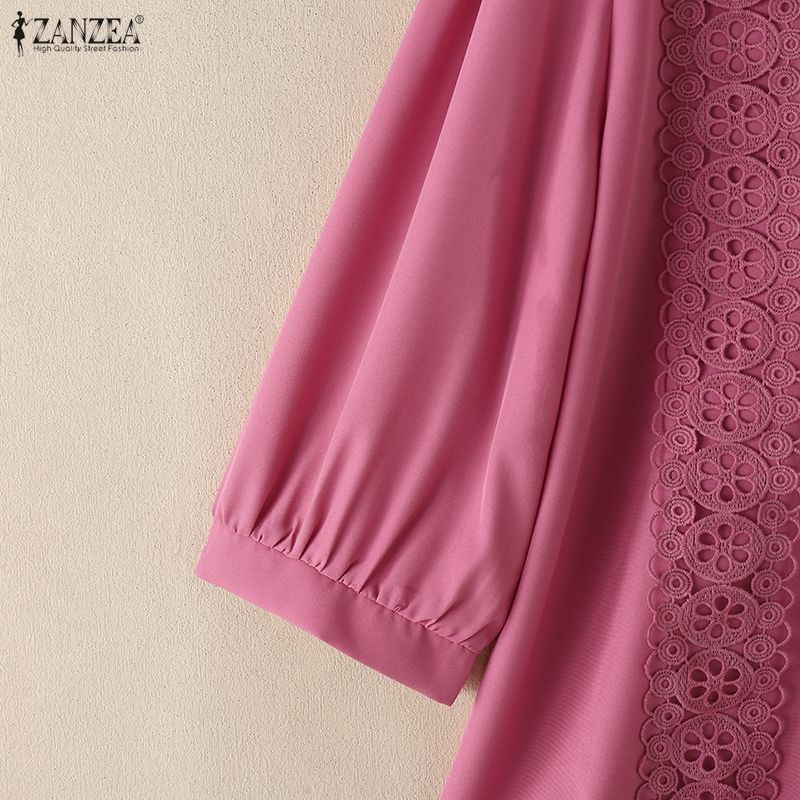 ZANZEA Women Casual Turn Down Collar 3/4 Sleeve Lace Splice Blouse