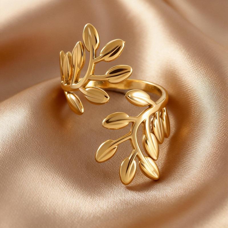 Stainless Steel Gold Color Leaves Open Rings for Women Men Minimalist Metal Irregular Adjustable Finger Rings Jewelry Gift