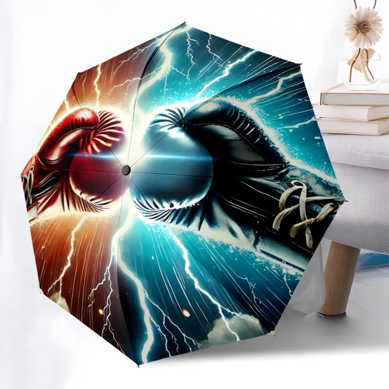 Boxing Gloves Lightning Bolt Design Automatic Opening Folding Umbrella - Portable 3-Fold Design with Iron Frame, Perfect for Fans, Travelers