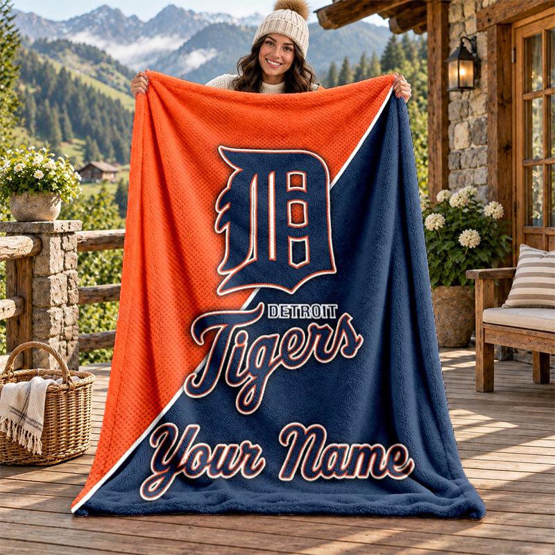 Detroit Tigers Custom Name Flannel Blanket Personalized Soft Warm Plush Throw Blanket Customized Gift for Family Friends