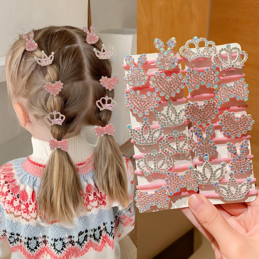20/10pcs Girls Pink Glitter Diamond Hair Tie Bow Crown Rabbit Heart Hair Rope Cute Braided Hair Headdress