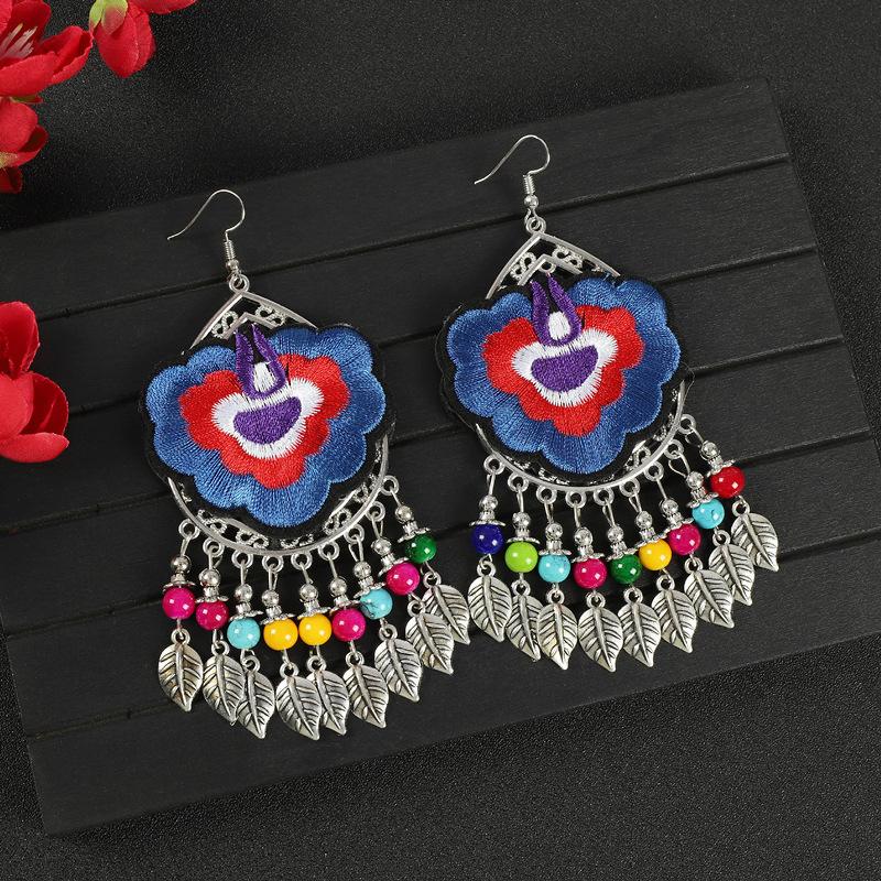 Yunnan Double-sided Embroidered Fabric Earrings, Long Leaf Tassel Personalized Earrings, Retro Miao Earrings for Women